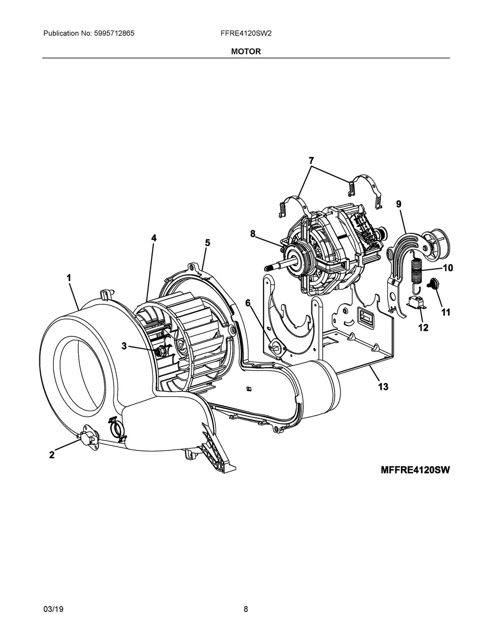 Motor Diagram and Parts List for FFRE4120SW2  Frigidaire Dryer