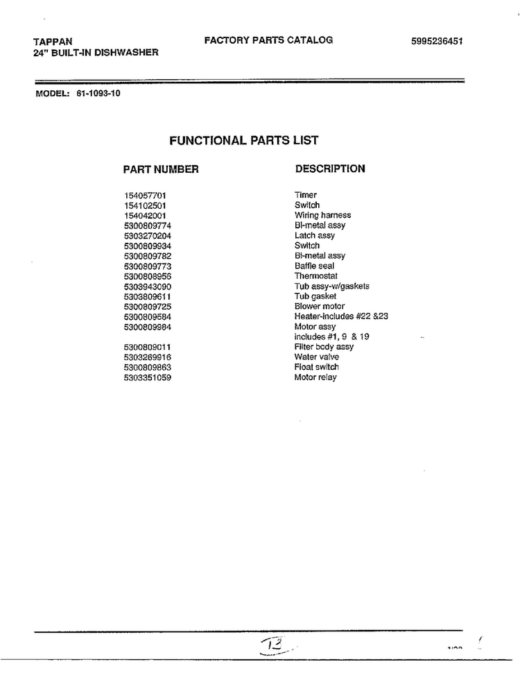 Functional Parts List Diagram and Parts List for 61-1093-10  Frigidaire Dishwasher