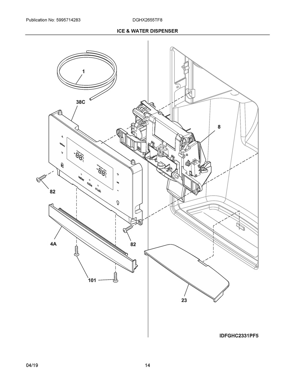 Ice & Water Dispenser Diagram and Parts List for DGHX2655TF8  Frigidaire Refrigerator