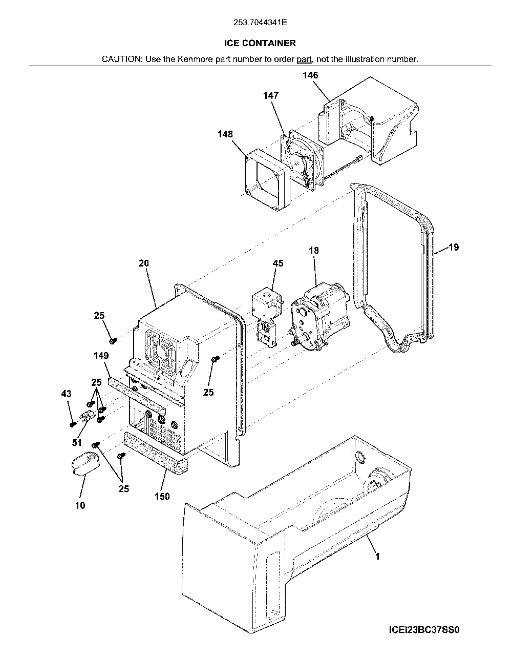 Ice container Diagram and Parts List for 2537044341E  Kenmore Refrigerator