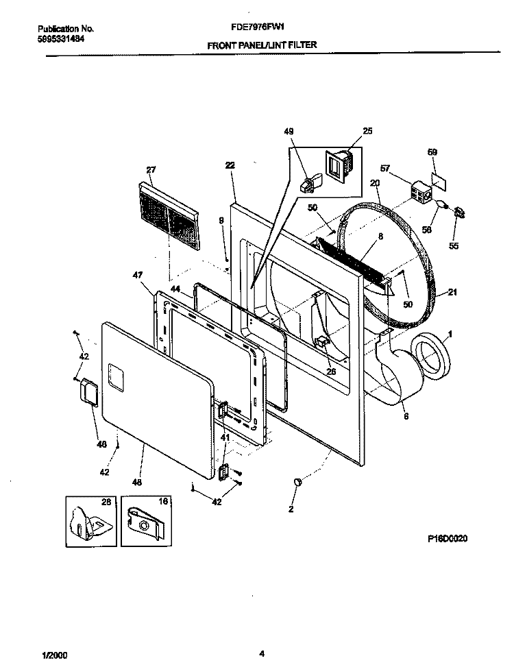 FRNT PNL, DOOR Diagram and Parts List for FDE7976FW1  Frigidaire Dryer