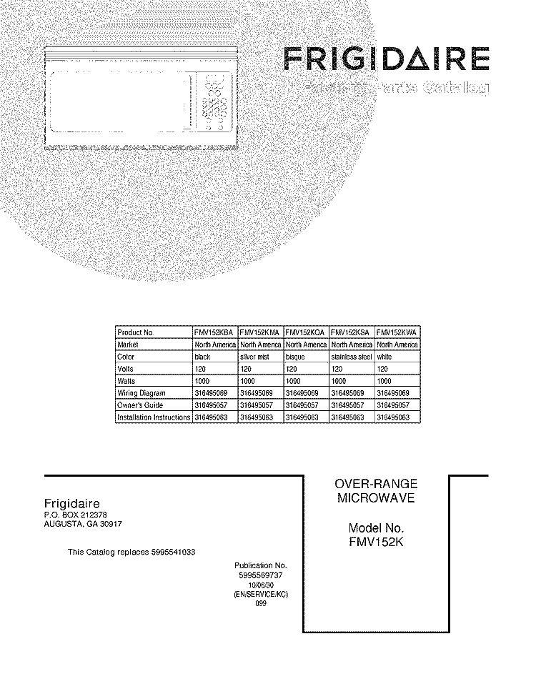 COVER Diagram and Parts List for FMV152KMA  Frigidaire Microwave