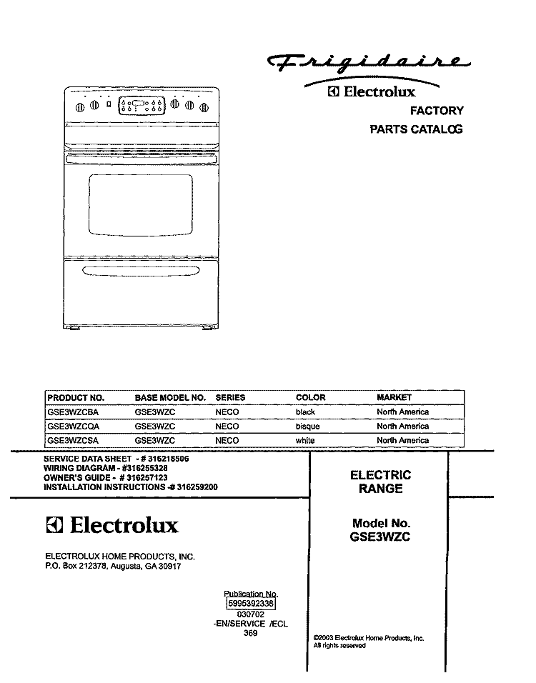 COVER Diagram and Parts List for GSE3WZCSA  Frigidaire Range