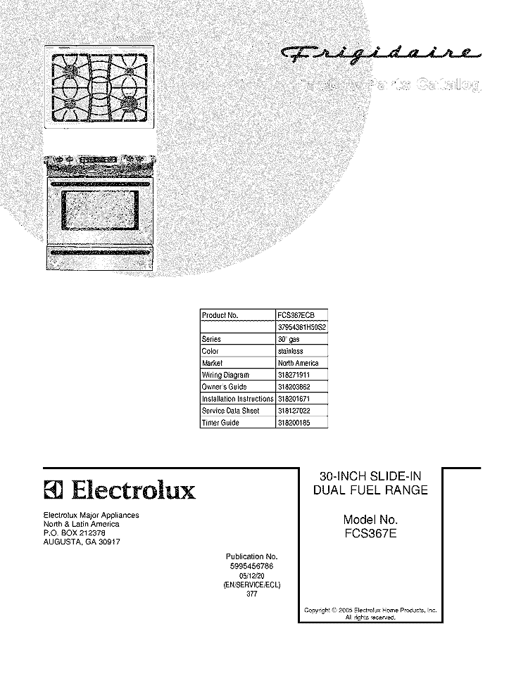 COVER Diagram and Parts List for FCS367ECB  Frigidaire Range