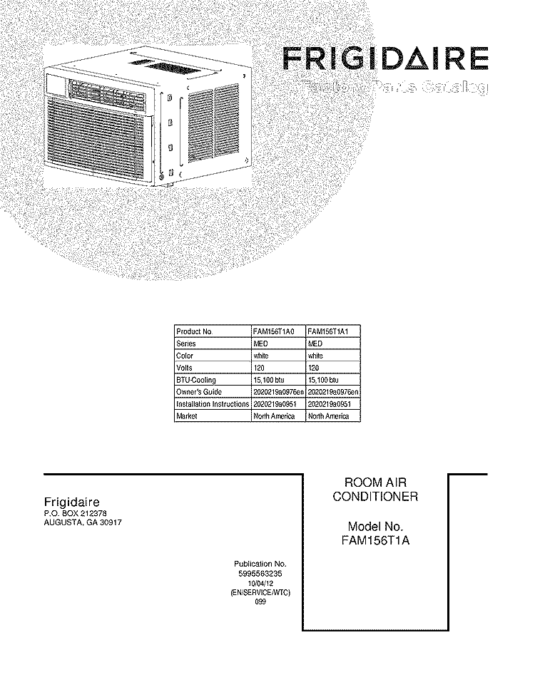 COVER Diagram and Parts List for FAM156T1A0  Frigidaire Air Conditioner