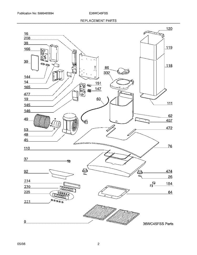 REPLACEMENT PARTS Diagram and Parts List for E36WC45FSS  Electrolux Range Hood