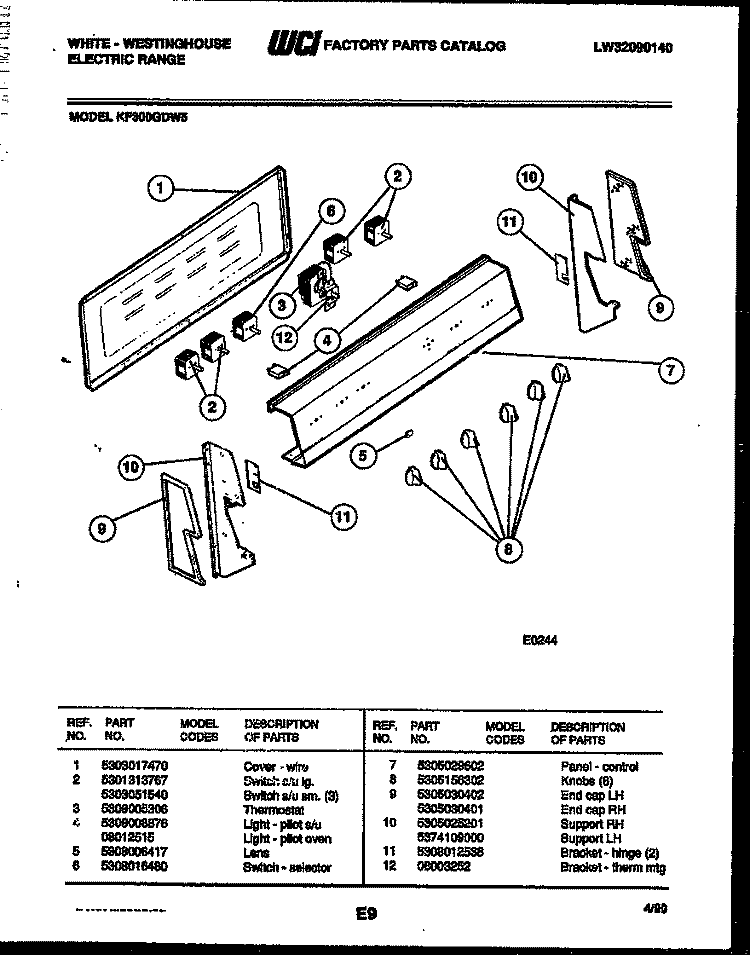 CONTROL PANEL Diagram and Parts List for KF300GDD5  Frigidaire Range