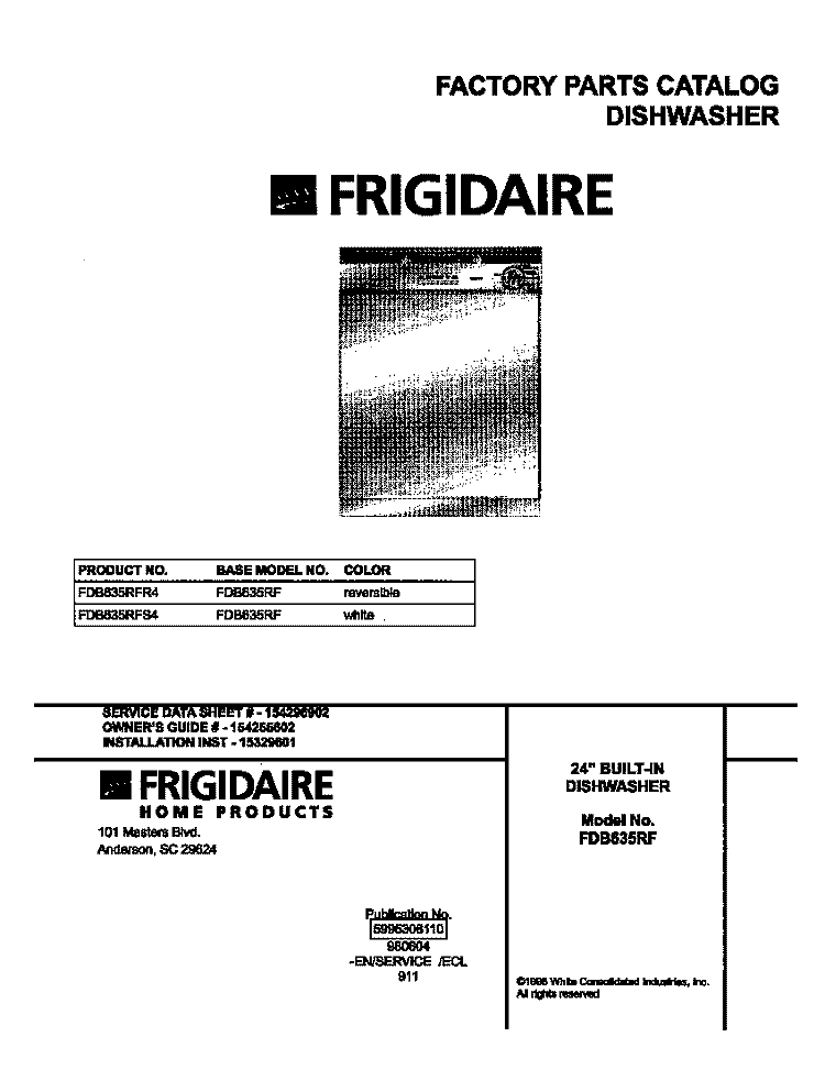 COVER Diagram and Parts List for FDB635RFS4  Frigidaire Dishwasher