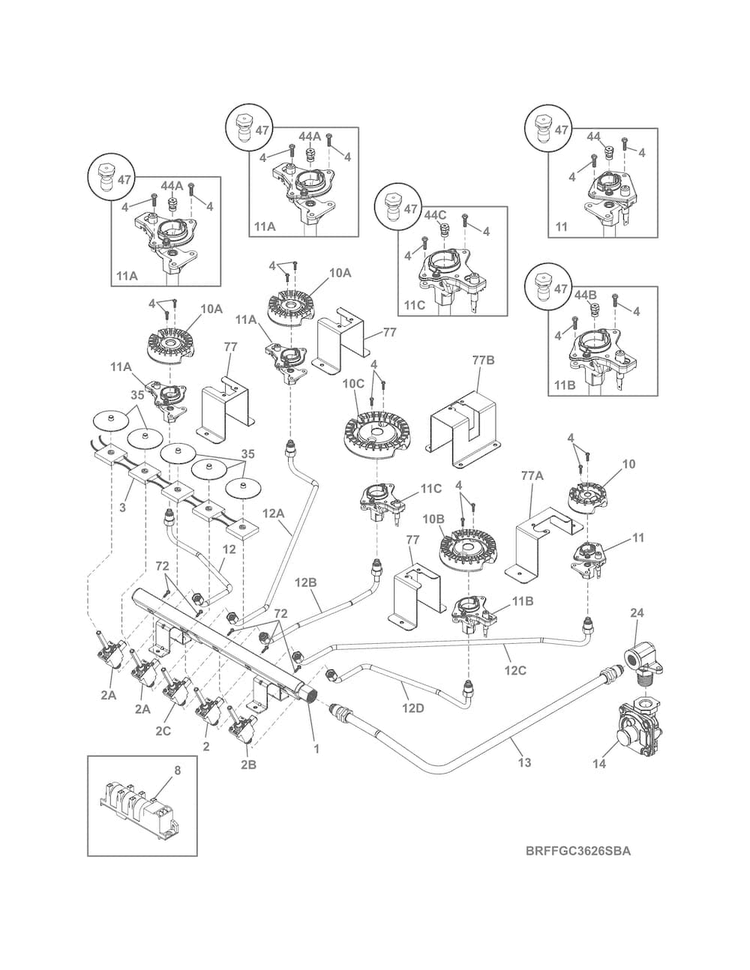 Burner Diagram and Parts List for FFGC3626SBA  Frigidaire Cooktop