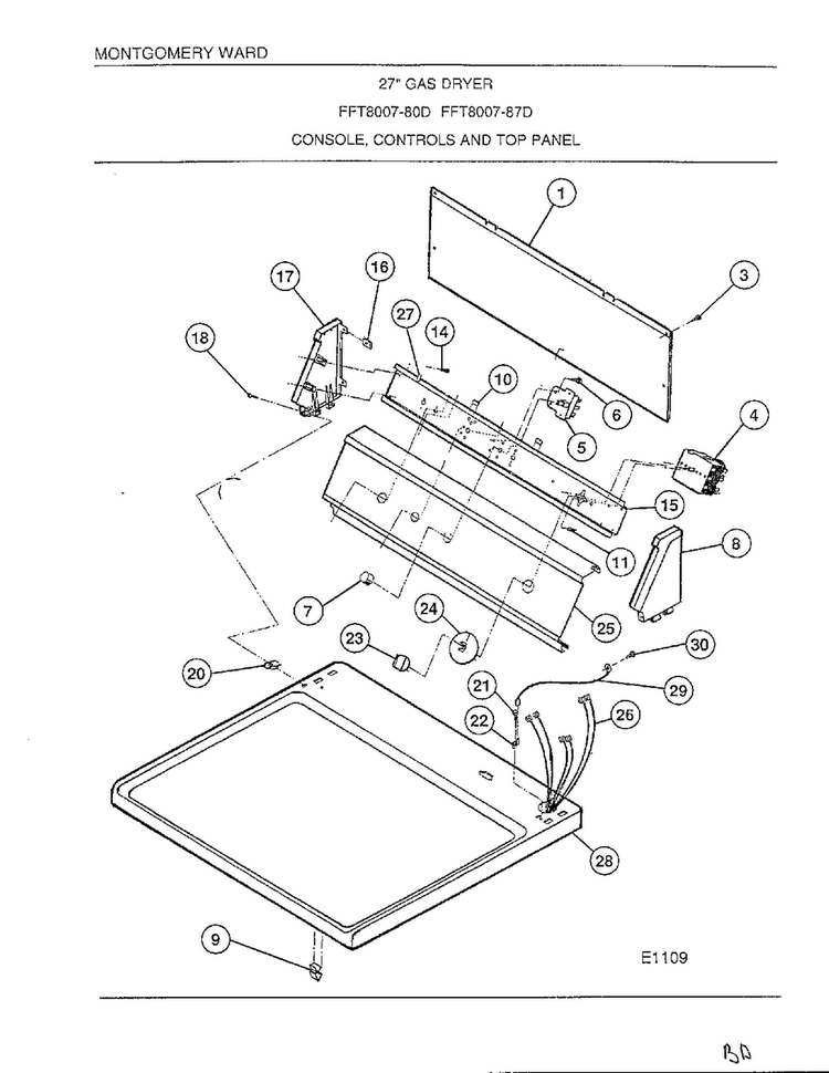 Console/controls/top Panel Diagram and Parts List for 8007-87D  Frigidaire Dryer