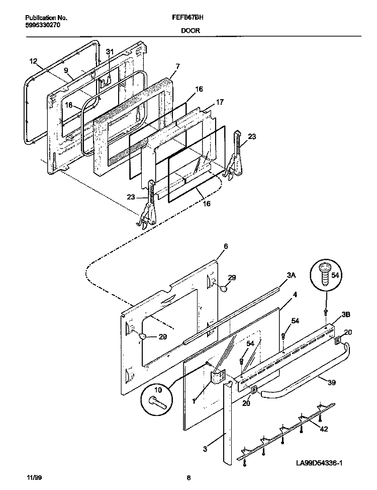 DOOR Diagram and Parts List for FEFB67BHWE  Frigidaire Range