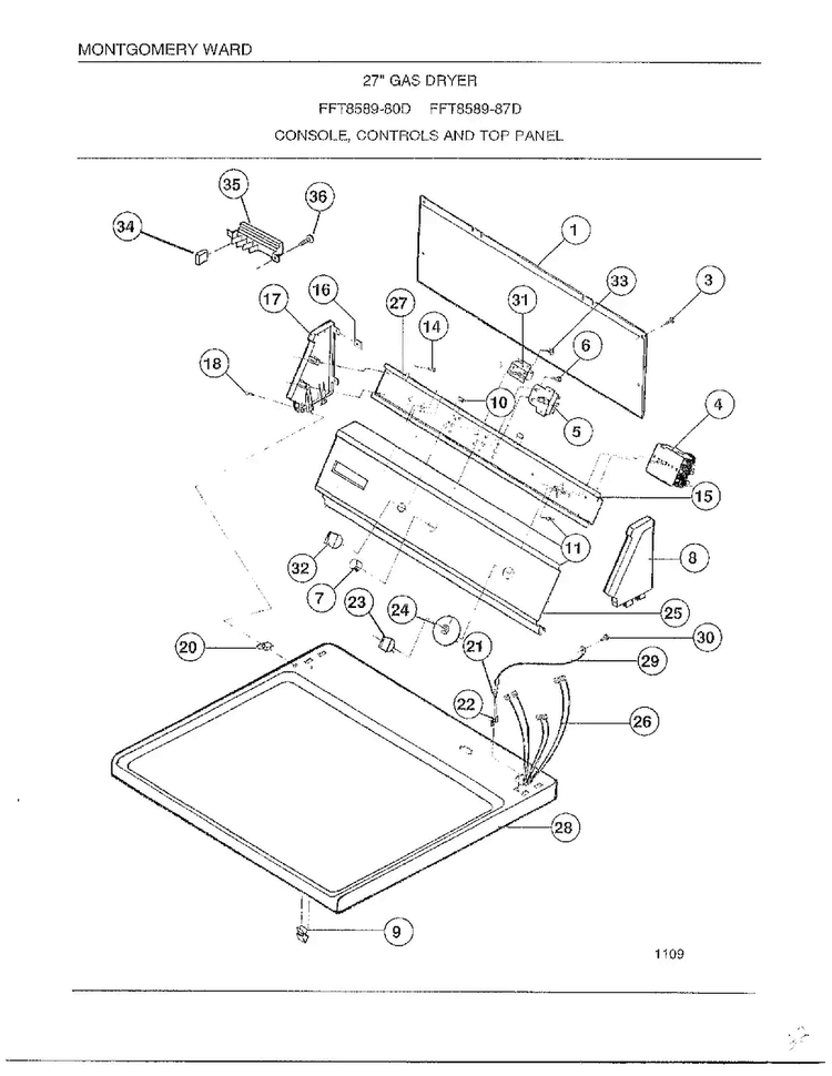 Console/controls And Top Panel Diagram and Parts List for 8589-80D  Frigidaire Dryer
