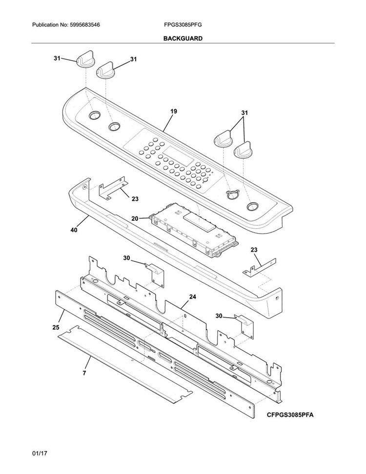 Backguard Diagram and Parts List for FPGS3085PFG  Frigidaire Range