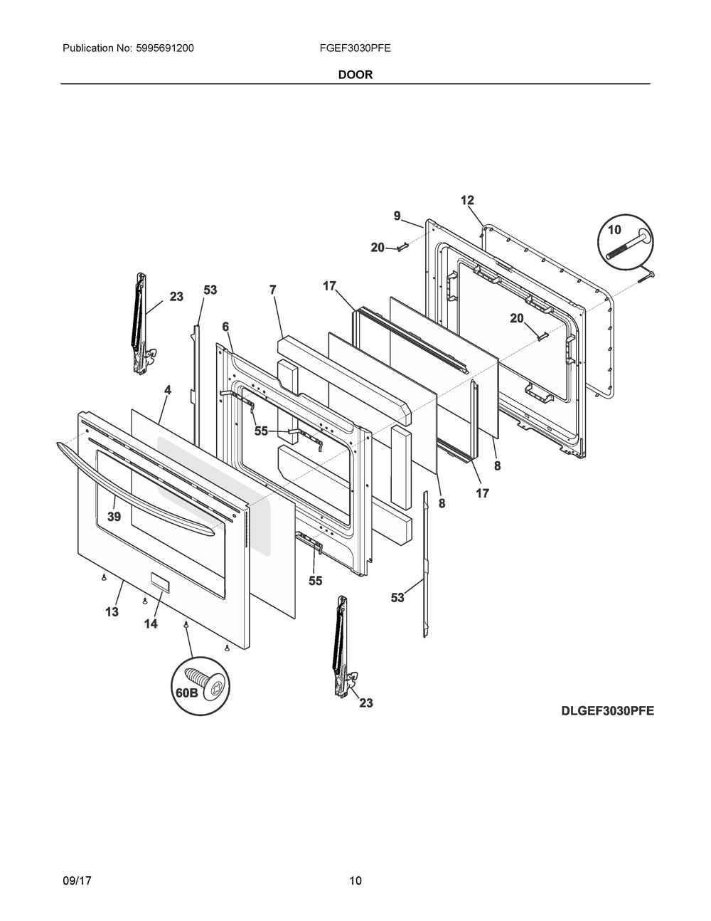 Door Diagram and Parts List for FGEF3030PFE  Frigidaire Range