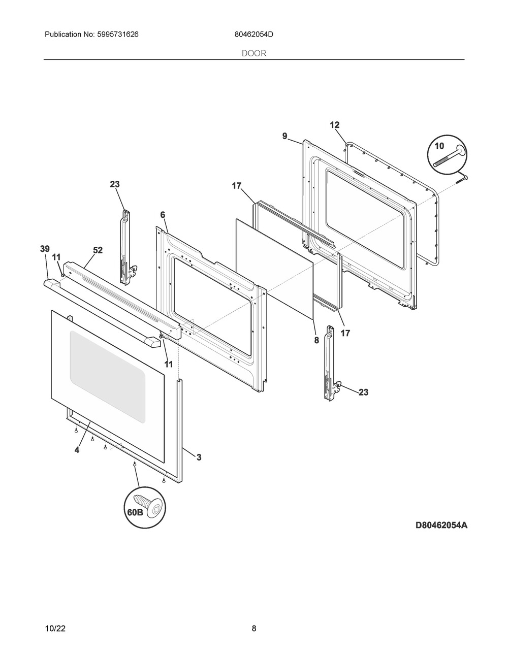 Door Diagram and Parts List for 80462054D  Frigidaire Range