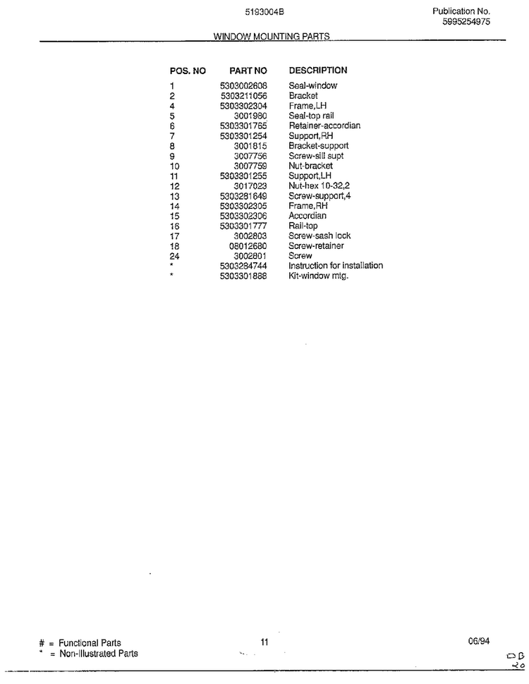 Window Mounting Parts Page 2 Diagram and Parts List for 5193004B  Frigidaire Air Conditioner