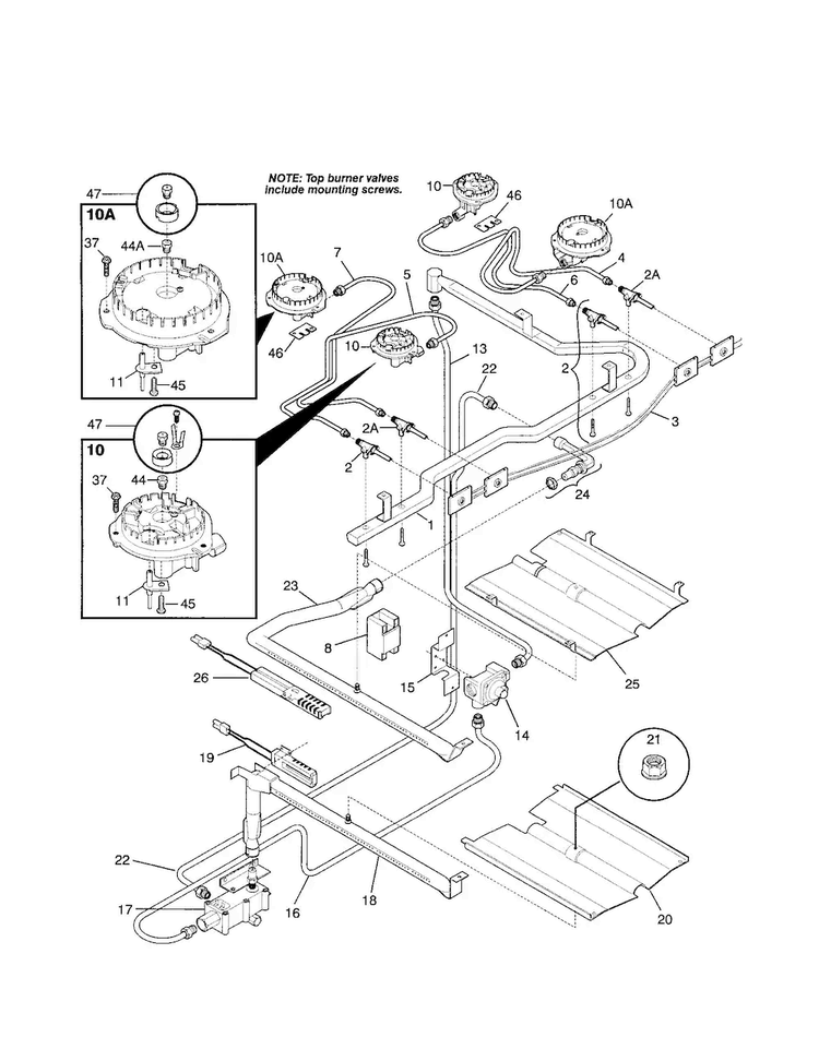 Burner Diagram and Parts List for FGFB74BJBA  Frigidaire Range