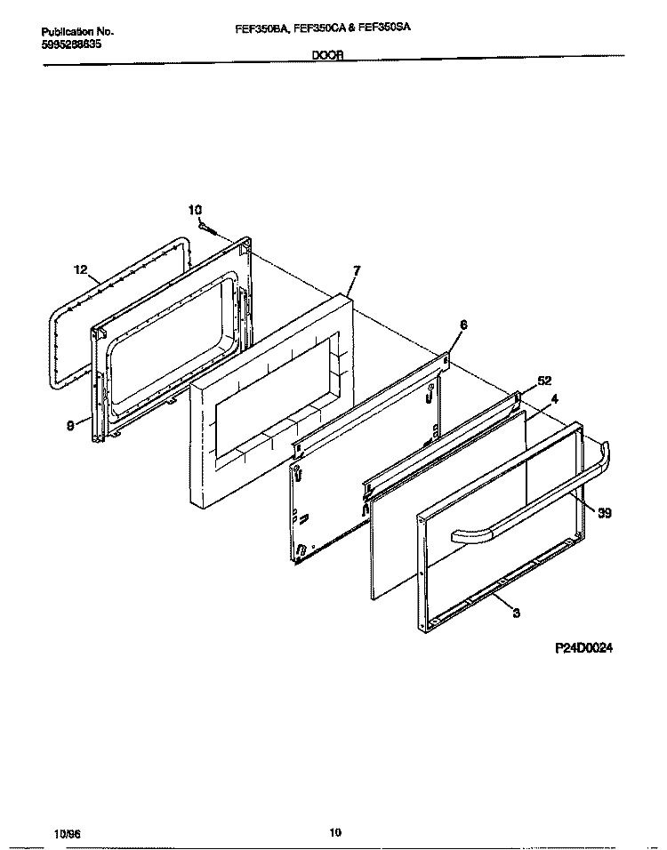 DOOR Diagram and Parts List for FEF350SAWH  Frigidaire Range