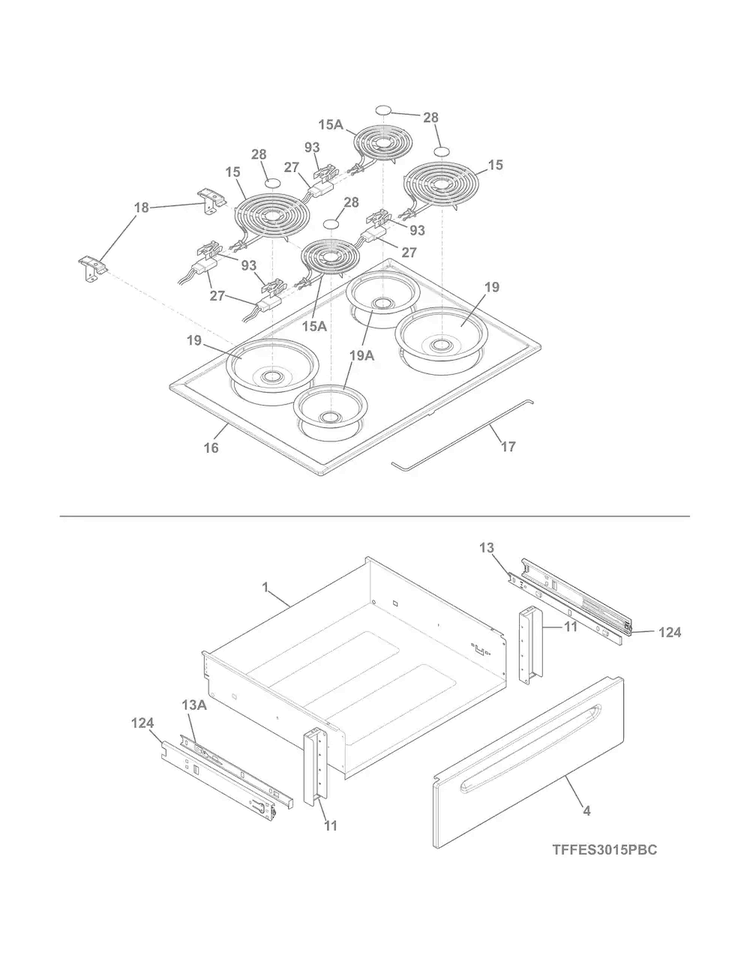 Top/drawer Diagram and Parts List for FFES3015PWF  Frigidaire Range