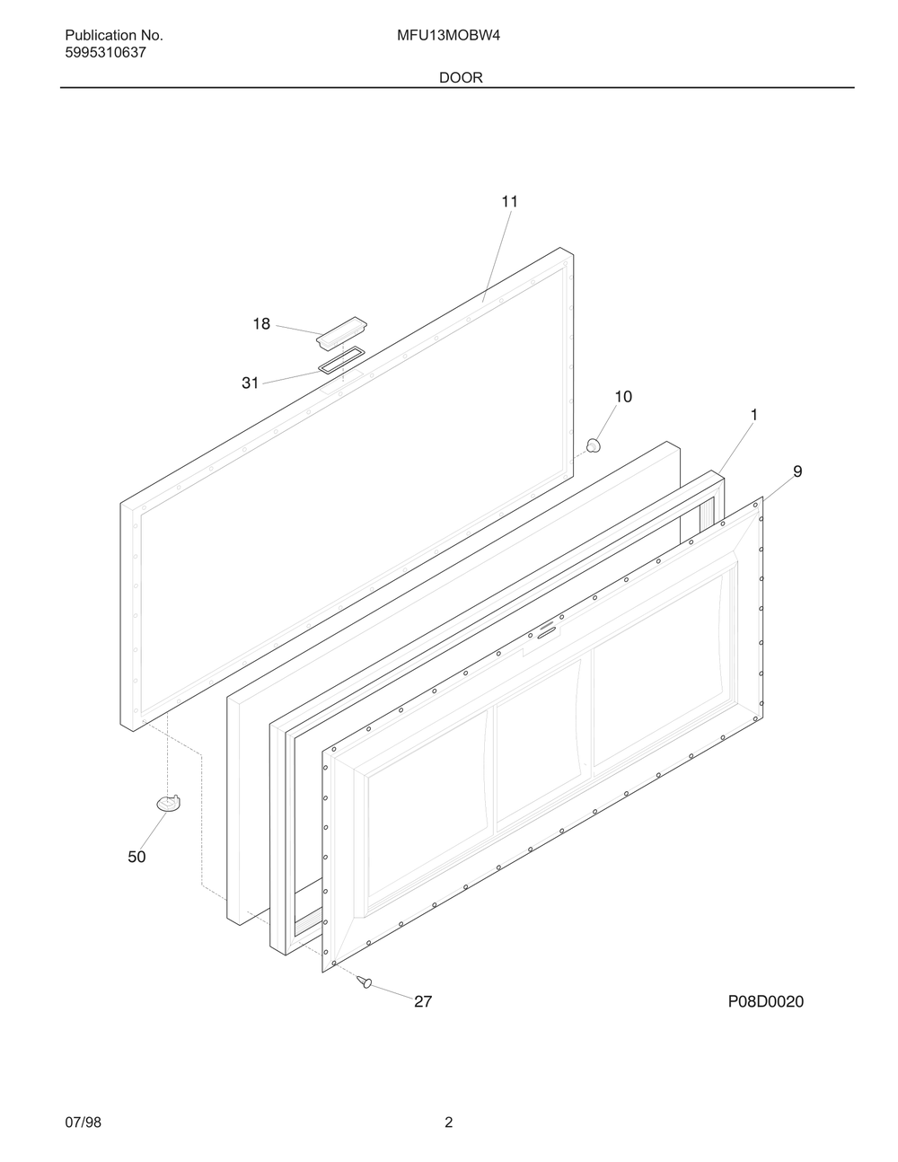 Door Diagram and Parts List for MFU13MOBW4  Frigidaire Freezer