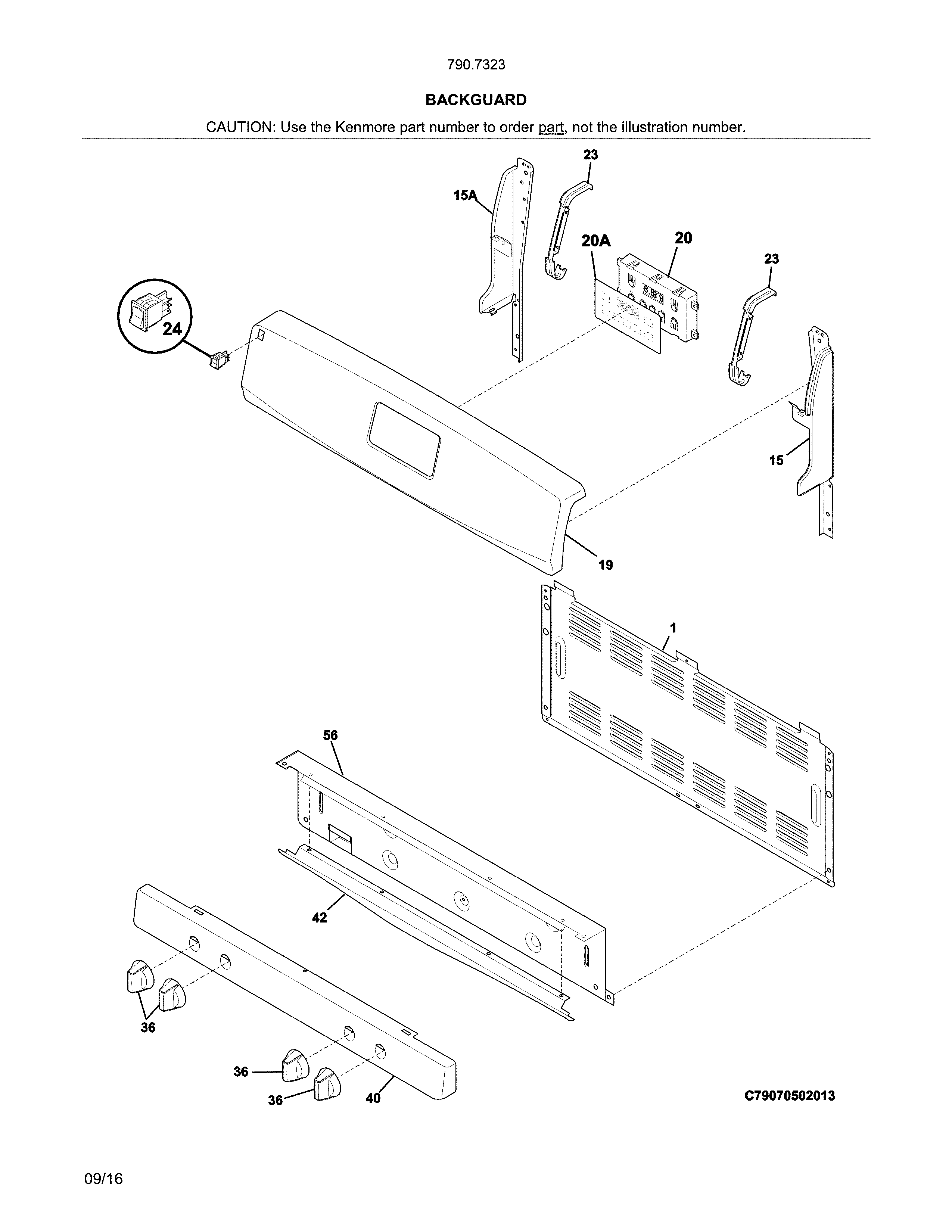 Backguard Diagram and Parts List for 79073232314  Kenmore Range