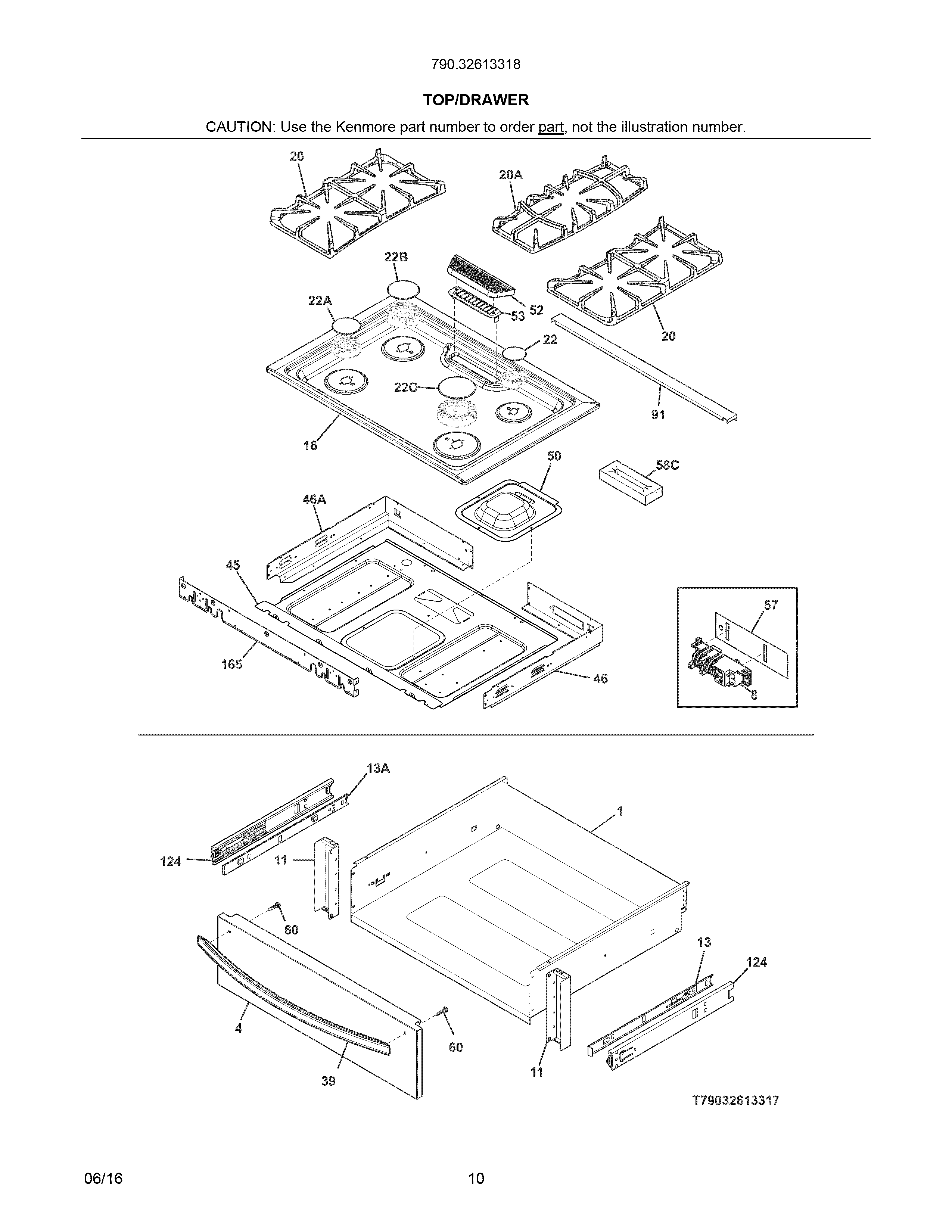 Top/drawer Diagram and Parts List for 79032613318  Kenmore Range