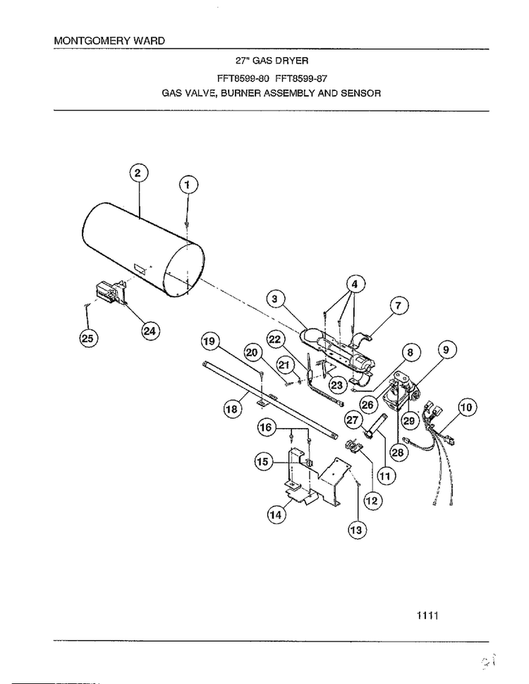 Gas Valve/burner Assy And Sensor Diagram and Parts List for 8599-87  Frigidaire Dryer