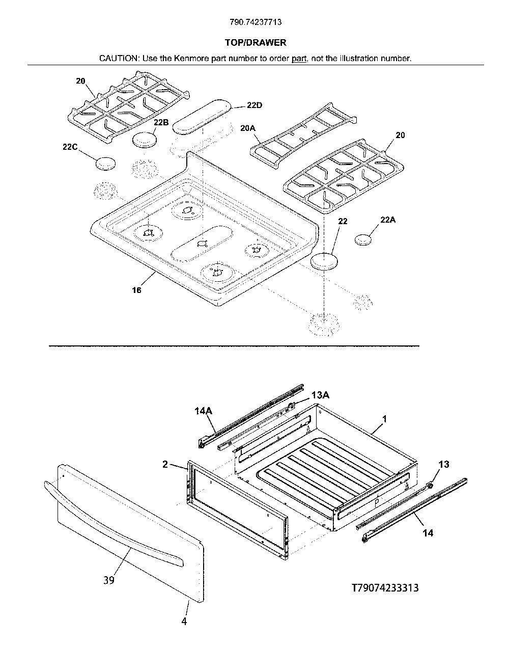 Top/drawer Diagram and Parts List for 79074237713  Kenmore Range