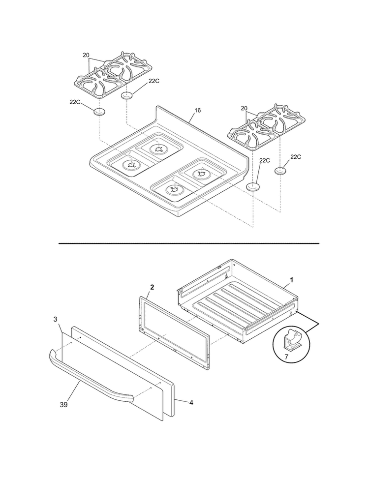 Top/drawer Diagram and Parts List for FFGF3051LSH  Frigidaire Range