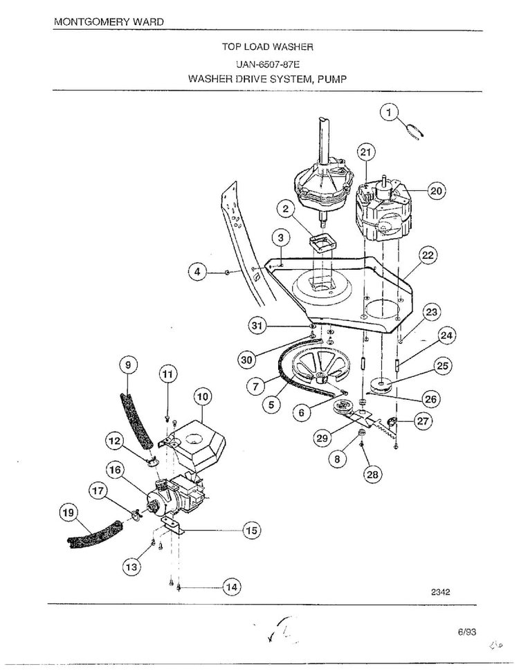 Washer Drive System/pump Diagram and Parts List for 6507-87E  Frigidaire Washer