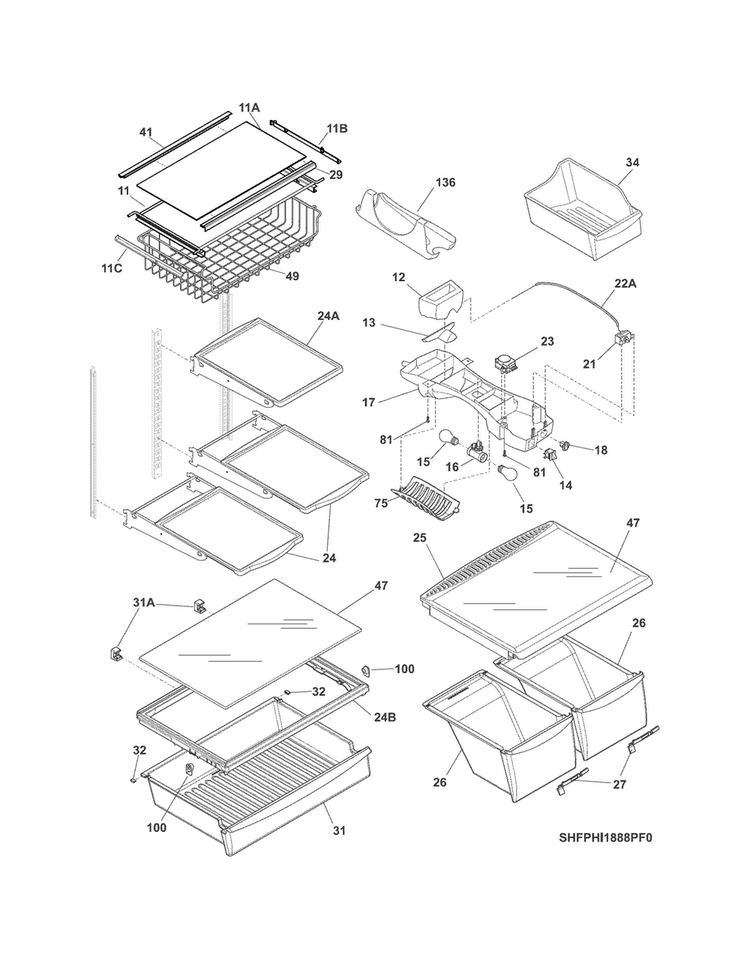 Shelves Diagram and Parts List for FPHI1888PF6  Frigidaire Refrigerator