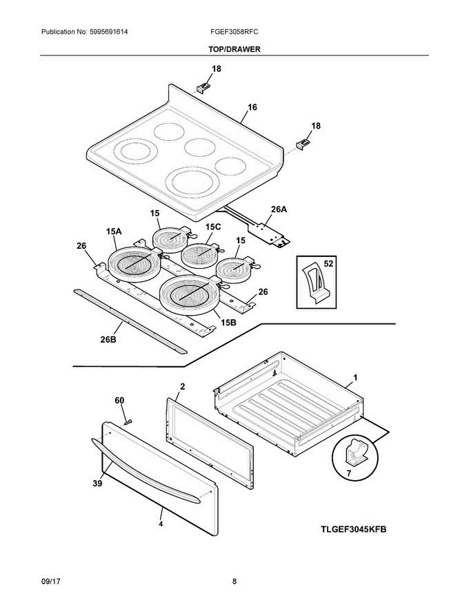 04 - Top/drawer Diagram and Parts List for FGEF3058RFC  Frigidaire Range