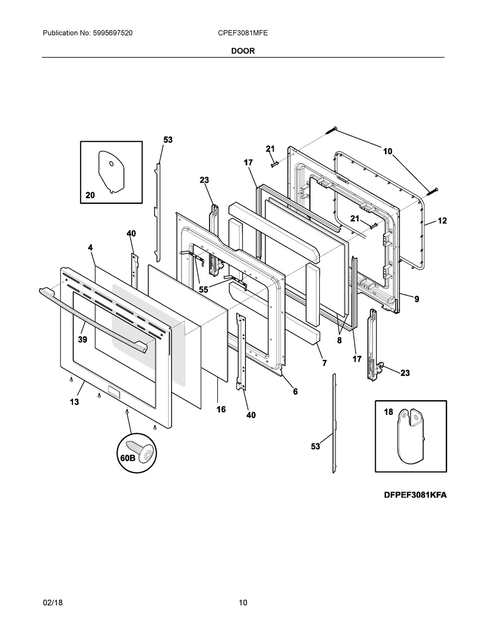 Door Diagram and Parts List for CPEF3081MFE  Frigidaire Range