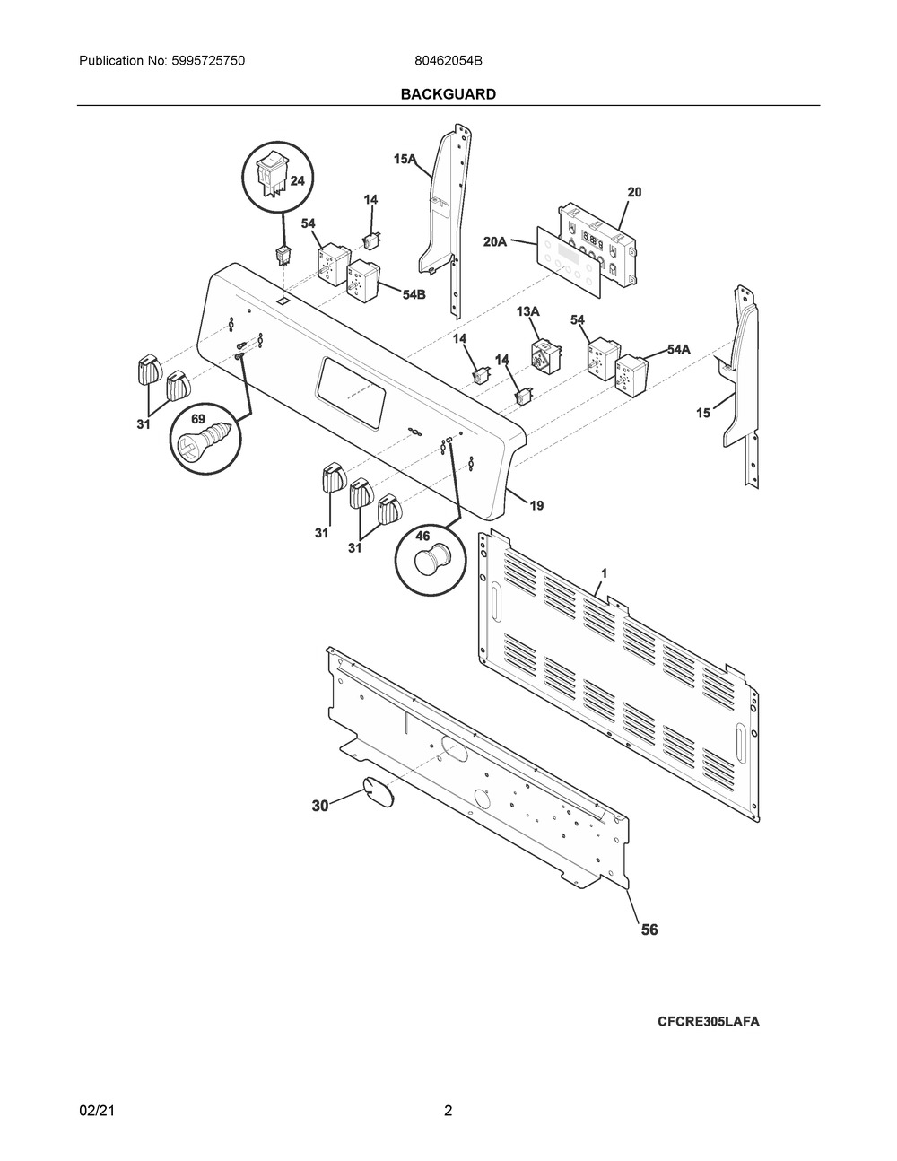 Backguard Diagram and Parts List for 80462054B  Frigidaire Range