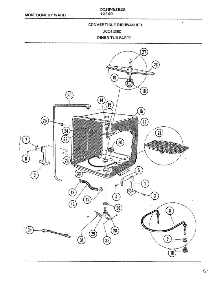 Inner Tub Parts Diagram and Parts List for 1236C  Frigidaire Dishwasher