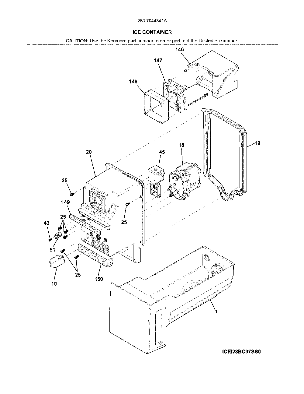 Ice container Diagram and Parts List for 2537044341A  Kenmore Refrigerator