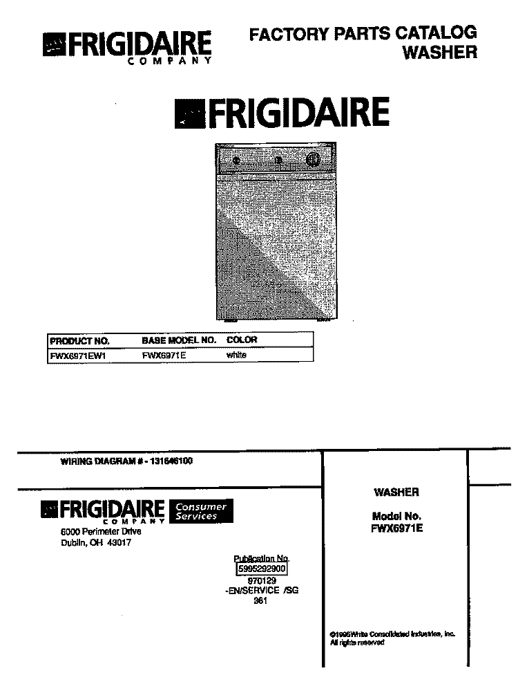 COVER Diagram and Parts List for FWX6971EW1  Frigidaire Washer