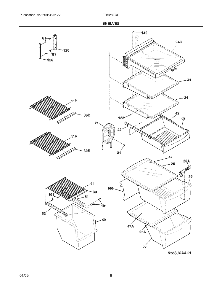 SHELVES Diagram and Parts List for FRS26FCDQ5  Frigidaire Refrigerator