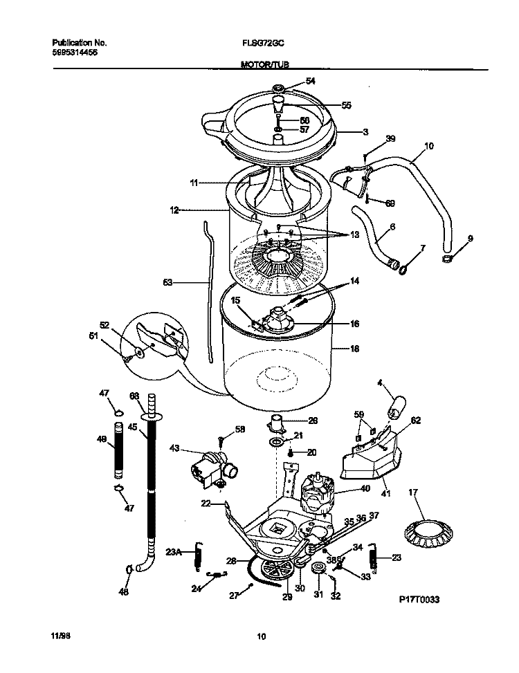 P17T0033 WSHR MTR, HOSE Diagram and Parts List for FLSG72GCS9  Frigidaire Washer Dryer Combo