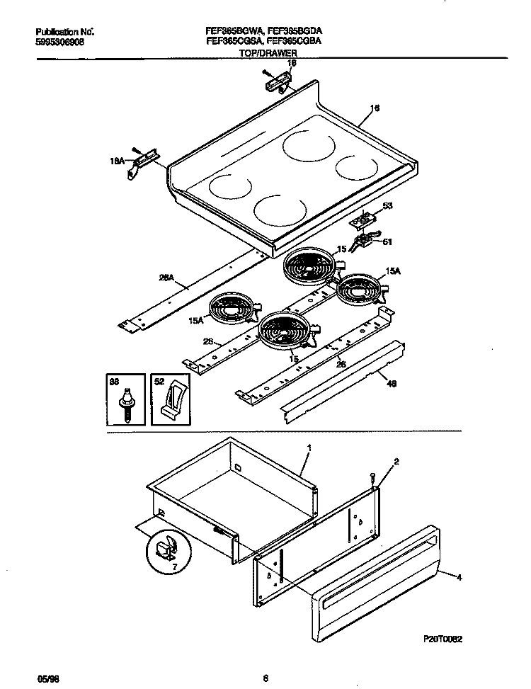 TOP / DRAWER Diagram and Parts List for FEF365CGSA  Frigidaire Range