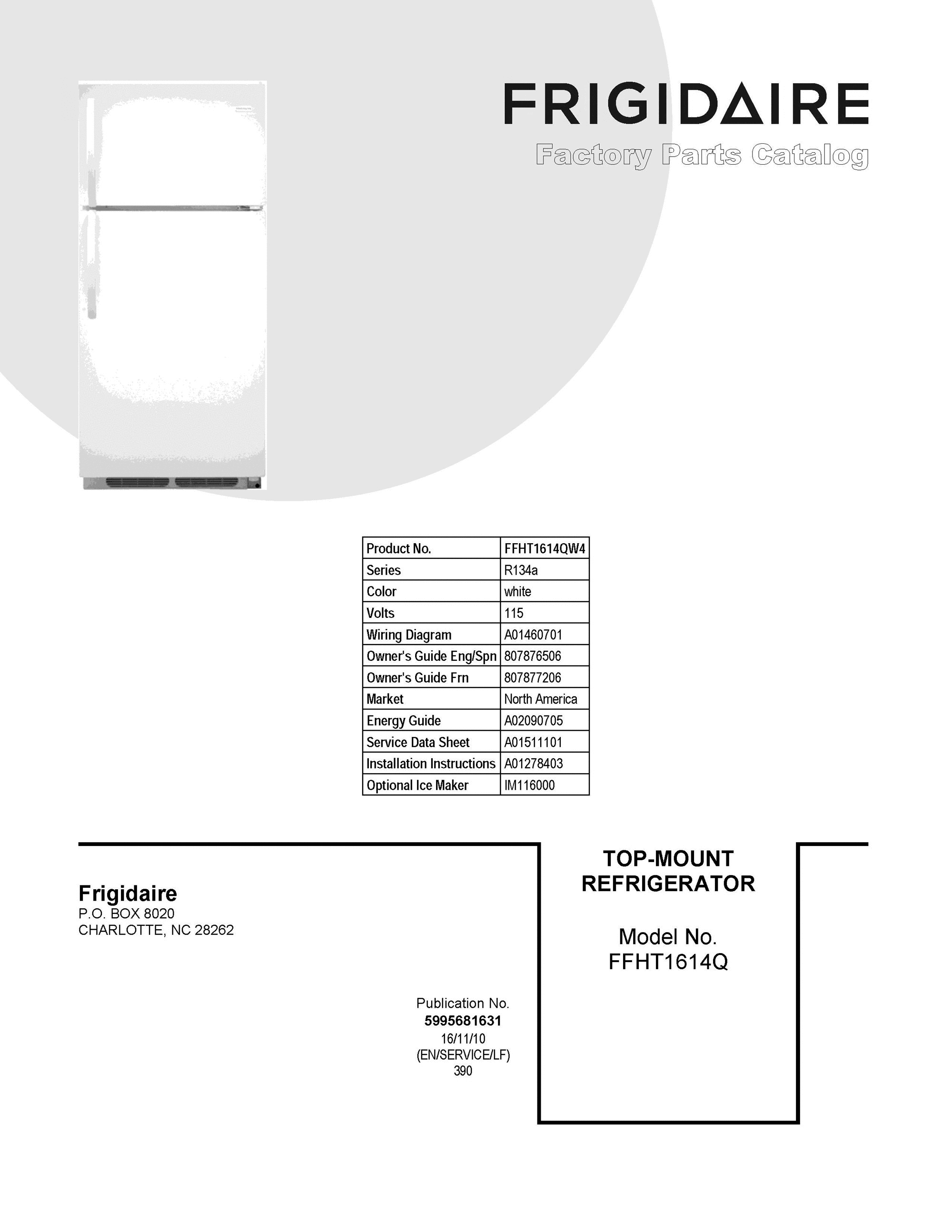 01 - COVER SHEET Diagram and Parts List for FFHT1614QW4  Frigidaire Refrigerator