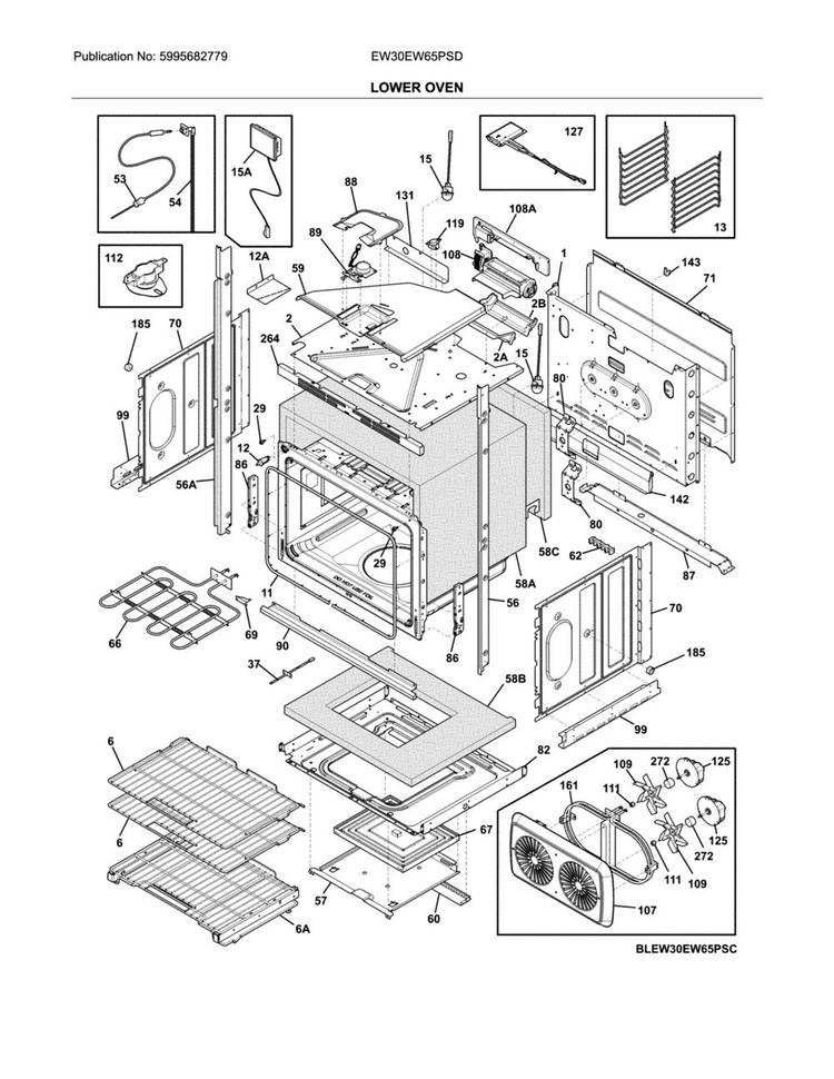 Lower Oven Diagram and Parts List for EW30EW65PSD  Electrolux Wall Oven
