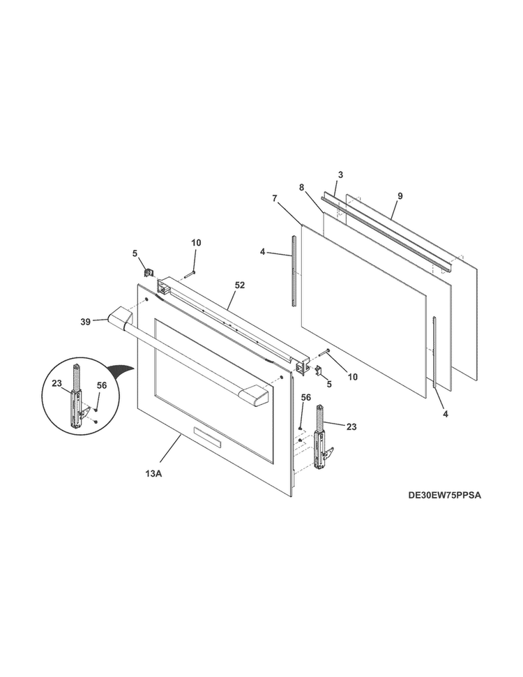 Door Diagram and Parts List for E30EW75PPSA  Electrolux Wall Oven