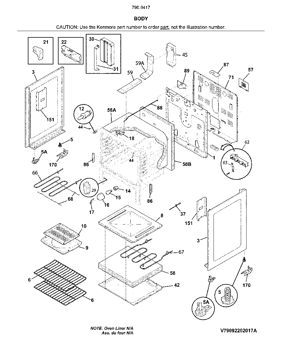 Body Diagram and Parts List for 79094172316  Kenmore Range