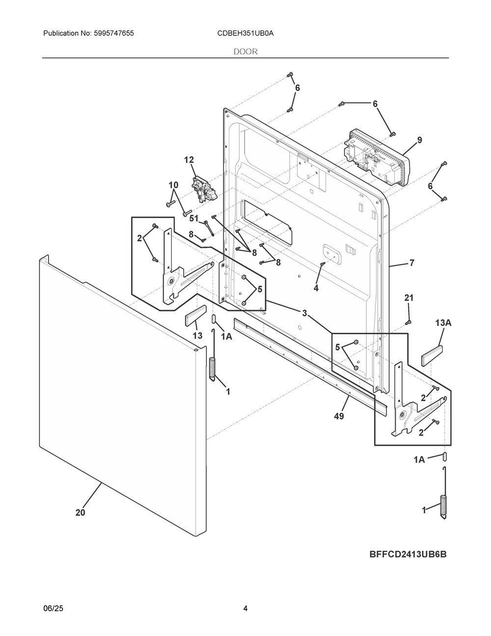 Door Diagram and Parts List for CDBEH351UB0A  Frigidaire Dishwasher