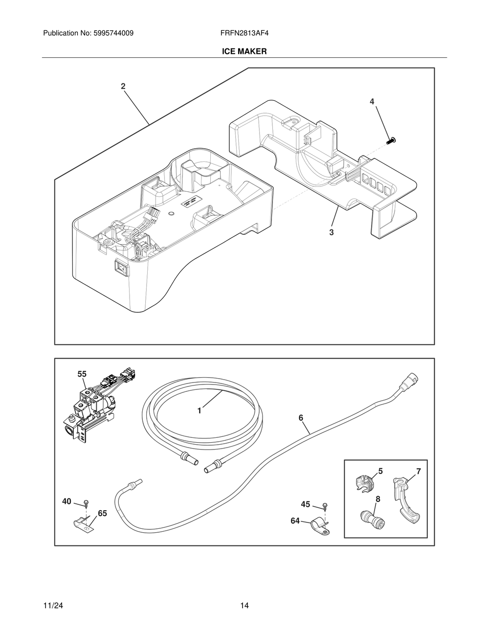 Ice Maker Diagram and Parts List for FRFN2813AF4  Frigidaire Freezer
