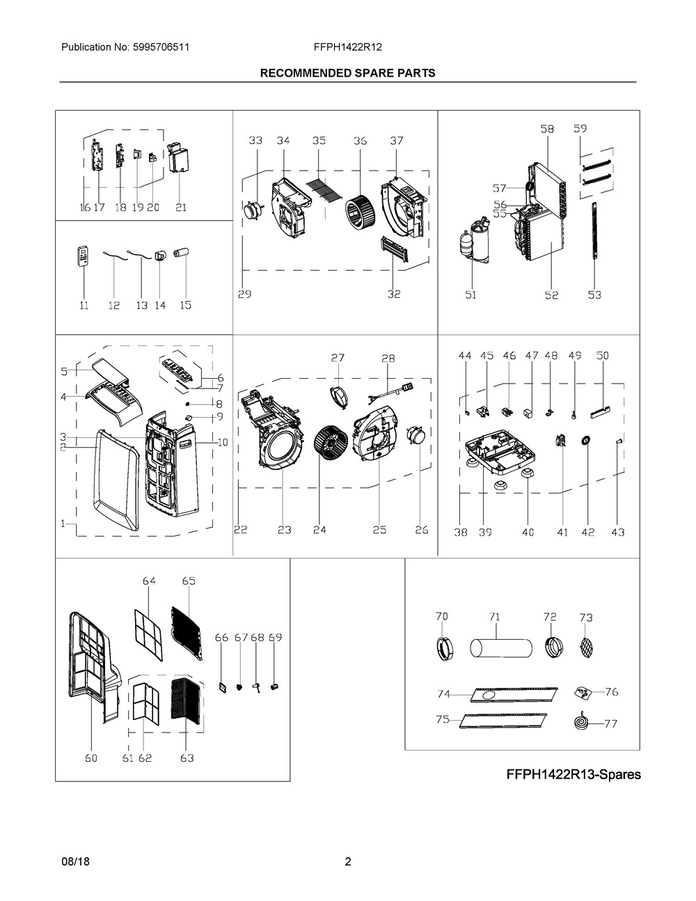 Recommended Spare Parts Diagram and Parts List for FFPH1422R12  Frigidaire Air Conditioner