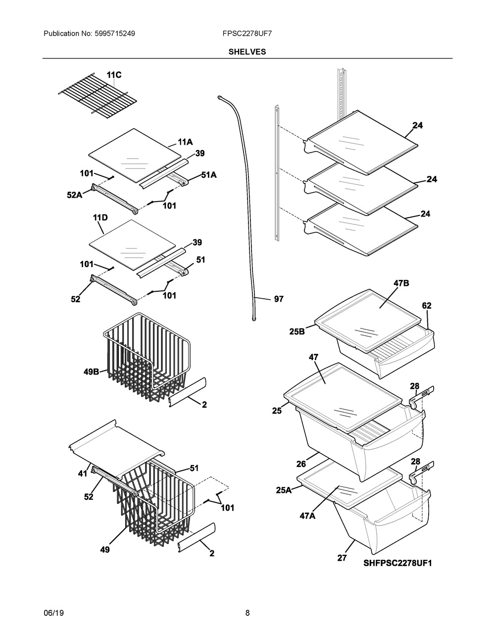 Shelves Diagram and Parts List for FPSC2278UF7  Frigidaire Refrigerator