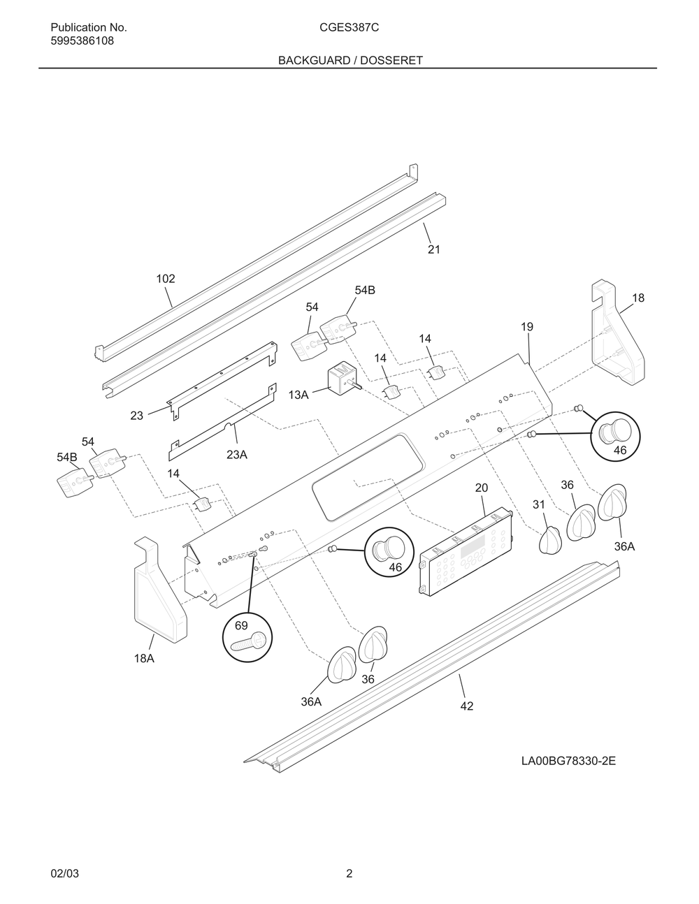 Backguard / Dosseret Diagram and Parts List for CGES387CB1  Frigidaire Range