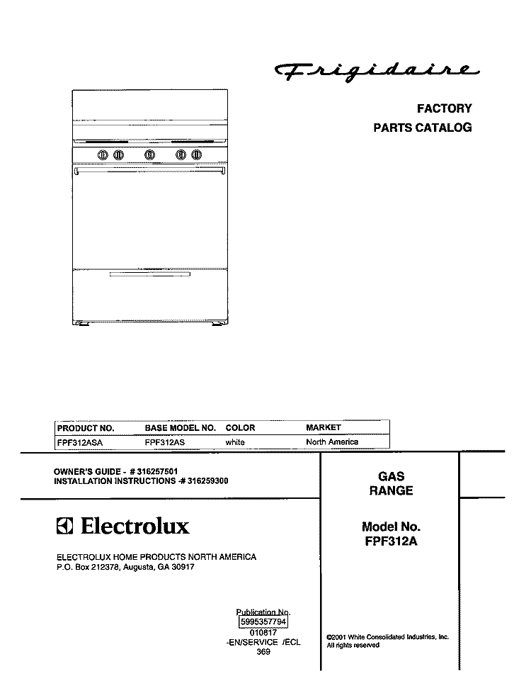 COVER Diagram and Parts List for FPF312ASA  Frigidaire Range
